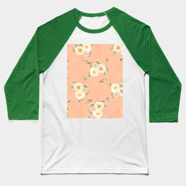 White Roses on Peach Fuzz Abstract Floral Baseball T-Shirt by Jaana Day